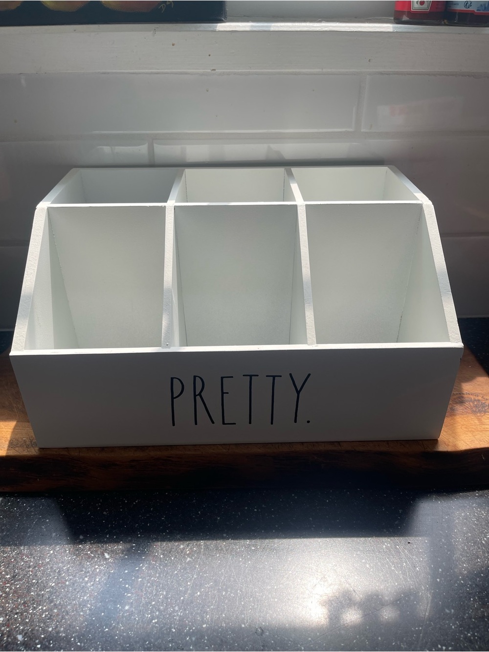 Rae Dunn White "Pretty" 6-Compartment Wooden Organizer